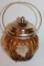 Musical Ribbed Amber Glass Biscuit /Candy Jar With Leaf Themed Gold Tone Metal Embellishment