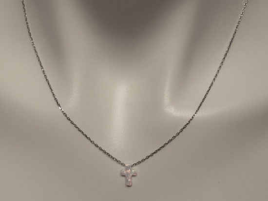 Delicate Sterling Silver Necklace W/Small Fire Opal(?) Cross