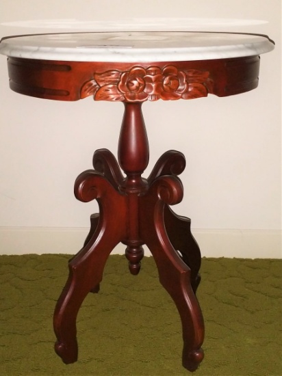 Italian Marble Top Round Mahogany Carved Parlor Table