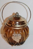 Musical Ribbed Amber Glass Biscuit /Candy Jar With Leaf Themed Gold Tone Metal Embellishment