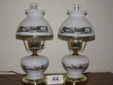 Matching Pair Of Currier & Ives Farm Scene Bedside 2-Light Lamps