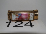 Vintage French Brevette Gold Tone Metal Lipstick Case W/Porcelain Victorian Couple & Mirror