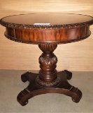 Substantial Intricately Carved Tall Pedestal Side Table W/Inlay Top