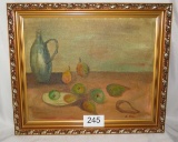 Pear Themed Still Life On Canvas W/Gorgeous Antique Ornate Wood Frame