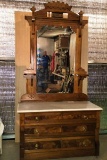 Early Marble Top Butled Front Lowboy Dresser W/Tall Carved Mirror
