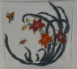 Colorful Handpainted Floral, Bee & Butterfly Themed Square Curved Edge Glass Platter