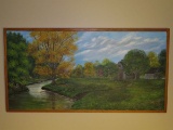 Wood Framed Rural River Scene Oil On Canvas