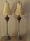 Tall Candlestick Marbled Lamps W/Gold Fabric Shades