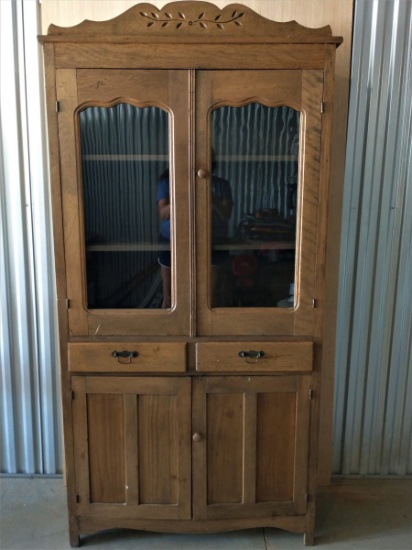 Vintage Wood Double Glass Door Carved Top Cupboard