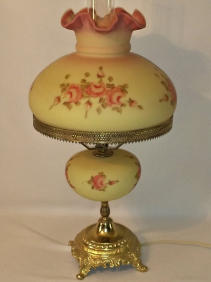 Gorgeous 1973 Fenton Rose Burmese Hand-Painted Lamp