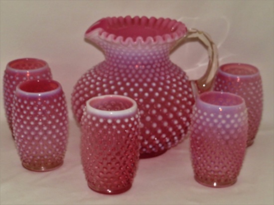 Vintage Fenton Cranberry Hobnail Pitcher & Glasses