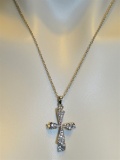 Sterling Silver Necklace & Double Cross Pendant Adorned W/Clear Stones