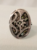 Unique Sterling Silver Ornate Ring W/Inset Abalone