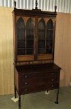 Stately Antique Double Door Wood Secretary W/Unique Inlay & Finials