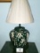 Dark Green Table Lamp W/Attached Raised White Design & Cream Colored Shade
