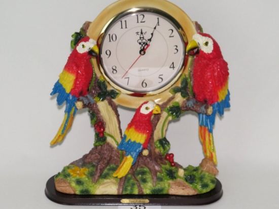 2008 Large Cardi Collectible Colorful Resin Parrot Clock On Wood Base