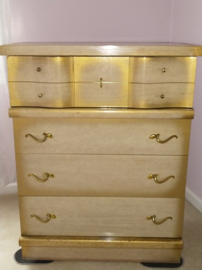 Unique Mid-Century Wood 4 Drawer Chest W/Gold Accents