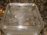 1960's Glass Ribbed Square Fridge Dish W/Embossed Lid