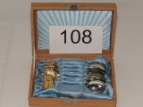 Vintage Silver Tone Spoons W/Gold Tone Crests In Wood Satin Lined Case