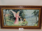 Vintage Ornately Framed Angel Over Seeing Children Picking Flowers Print