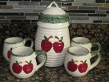 Vintage Stoneware Apple Lidded Ribbed Cookie Jar & Mugs