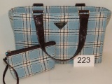 Modella Plaid Fabric Purse W/Matching Handled Make-Up Bag