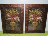NICE Matching Framed Composite Bias Relief(3D) Vase Filled W/Floral & Fern Themed Wall Art
