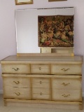 Unique Mid-Century Gold Accented Wood 6 Drawer Dresser W/Beveled Mirror