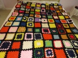 Colorful Handmade Crocheted Afgan W/Red Trim
