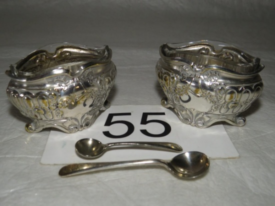 Small Ornate Silver Plate Condiments W/Glass Bottoms & Spoons