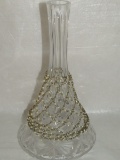 Ornately Cut Glass Tall Slender Neck Vase W/Added Beaded Accent