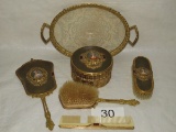 EARLY Rare French Ornate Gilt Metal(Bronze?) Vanity Set W/Inset Mini Potraits