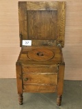 Antique Solid Oak Commode W/Hinged Top, Lid & Porcelain Chamber Pot