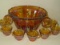 Vintage Merigold Carnival Glass Grape & Cable Punchbowl, 12 Cups, Hangers & Ladle