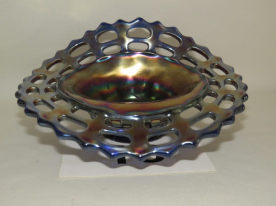 Vintage Purple/Blue Carnival Glass Basket Weave Dish W/Open Trim