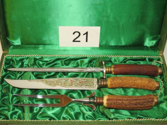 Impressive 1960's Solingen Germany Stag Handled Cutlery Set W/Colorful Etched Knife & Case