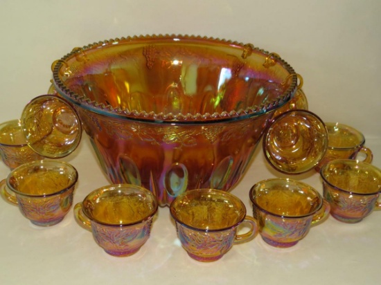 Vintage Merigold Carnival Glass Grape & Cable Punchbowl, 12 Cups, Hangers & Ladle