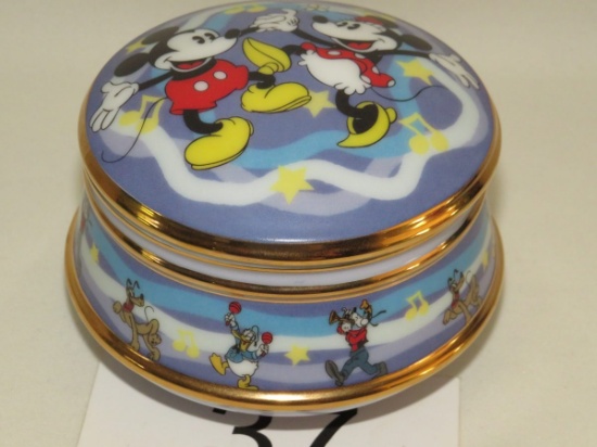 Disney Musical Mickey & Minnie Porcelain Round Lidded Keepsake Box W/Gold Trim