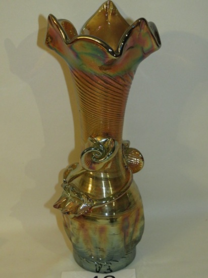 UNIQUE Vintage Hand Blown Tall Irridescent Ribbed Swirl Vase W/Attached Flowers & Leaves