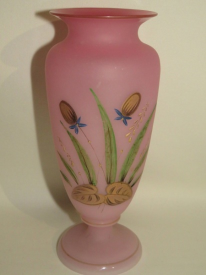 Vintage Delicate Hand-Painted Satin Blown Glass Vase W/Gold Accents