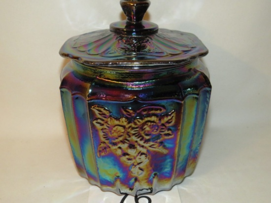 Vintage Blue/Purple Carnival Glass Raised Floral Lidded Biscuit Jar