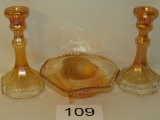 Vintage Carnival Marigold Candlesticks & Candy Dish