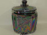 Vintage Blue/Purple Carnival Glass Raised Floral Lidded Biscuit Jar