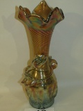 UNIQUE Vintage Hand Blown Tall Irridescent Ribbed Swirl Vase W/Attached Flowers & Leaves