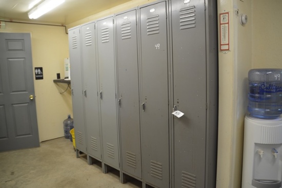 Locker Unit, Folding Table, Chairs, Metal Shelf, Microwave, Mini Fridge, an