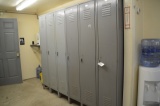 Locker Unit, Folding Table, Chairs, Metal Shelf, Microwave, Mini Fridge, an