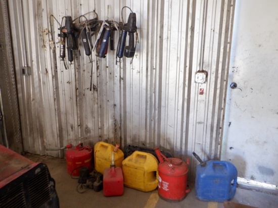 Contents of (2) Walls, Including: Grease Guns, Fuel Cans, Cabinets, Refrige