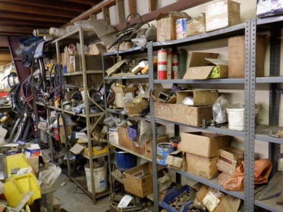 Metal Shelves and Contents (Assorted Parts, Hardware, and Assorted Fluids)