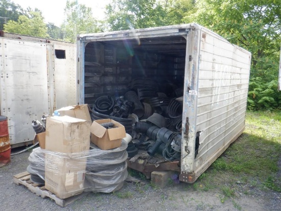 14' Aluminum Van Body and Contents, including corrugated pipe fittings, plastic splice covers, and