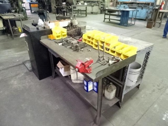 Cabinet and (3) Benches, with drill bits, chucks, collets, and reamers